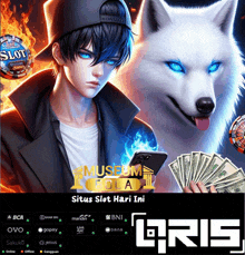 a poster for situs slot hari ini with a boy and a white wolf