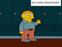 a cartoon character is standing in front of a row of lockers with the words box video downloader below him