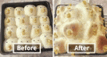 there is a before and after picture of a bunch of rolls .