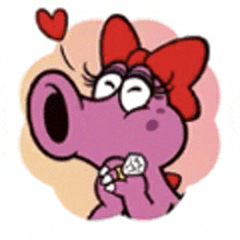 a cartoon of a purple dinosaur with a red bow on its head and a heart in the background .