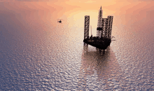 an oil rig in the middle of the ocean with a helicopter flying overhead