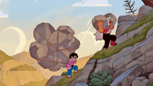 a cartoon drawing of steven and jasper carrying a large rock