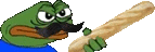 a cartoon frog with a mustache is holding a long baguette .