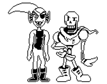 a black and white pixel art drawing of a skeleton and a elf standing next to each other on a white background .