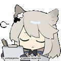 a cartoon girl with a cat ear is sleeping with her eyes closed while holding a folder .