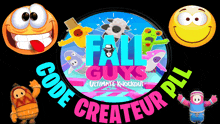 a logo for fall guys ultimate knockout with cartoon characters