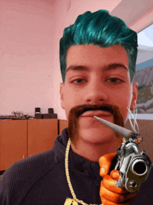 a man with blue hair and a mustache holds a gun