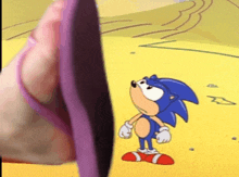 a cartoon of sonic the hedgehog standing next to a person 's foot wearing flip flops