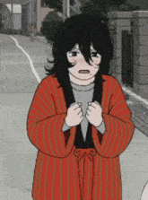 a cartoon of a girl wearing a red striped coat