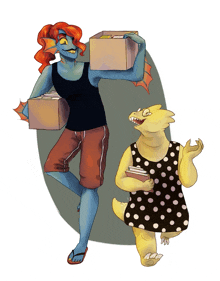 a cartoon drawing of two monsters carrying boxes and books