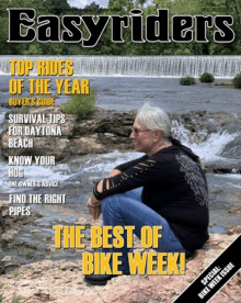 a woman sits on a rock near a waterfall on the cover of a magazine called easyriders