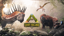 a poster for a video game called lost island with dinosaurs and gorillas