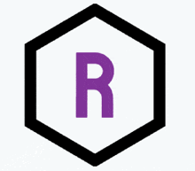 a purple letter r inside of a black hexagon .