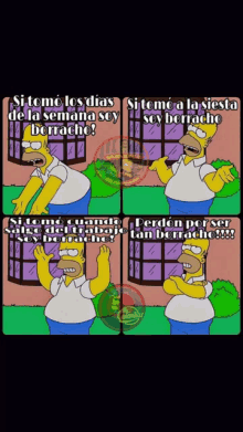 a cartoon of homer simpson saying si tomo los dias si tomo la siesta soy borracho