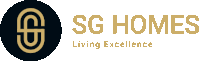 a logo for sg homes living excellence in gold letters