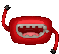 a cartoon drawing of a red object with a mouth and teeth