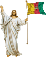 a painting of jesus holding a flag with a cross on top of it