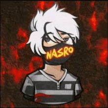 a cartoon character with a mask on his face and the name nasro on it .