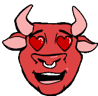 a cartoon drawing of a bull with hearts in his eyes