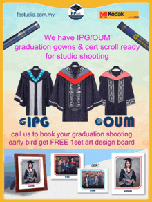 an advertisement for graduation gowns and certificate scrolls by fpsstudio.com.my