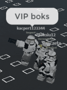 two stormtroopers are standing next to each other with a white speech bubble that says vip boks