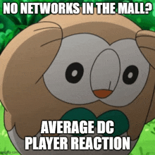 a picture of a cartoon owl with the caption " no networks in the mall average dc player reaction "