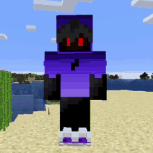 a purple and black minecraft skin with red eyes and a hood