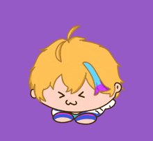 a cartoon drawing of a boy with yellow hair and a blue and purple ponytail