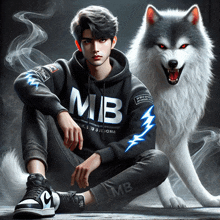 a man wearing a black hoodie that says mb sits next to a wolf