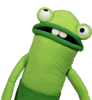 a green stuffed animal with big eyes and a mouth