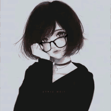 a girl with short hair and glasses is wearing a choker and a black shirt .