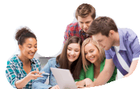 a group of young people are looking at a laptop and smiling