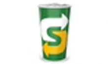 a green subway cup with a white arrow on it