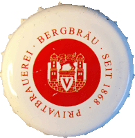 a white bottle cap with a red circle and the words bergbrau privatbrau seit 1868