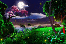 a full moon is shining over a lush green field