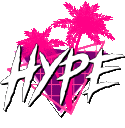 a pink and purple logo with palm trees and the word hype