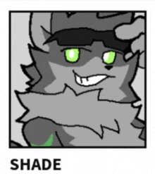 a drawing of a cat wearing sunglasses and a hat with the word shade below it