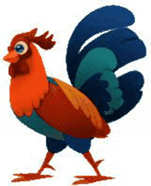 a colorful rooster with a blue tail is standing on a white background .