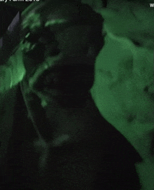 a close up of a person 's face with a green light behind them