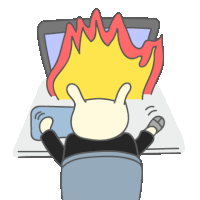 a cartoon of a rabbit sitting in front of a computer with flames coming out of the screen