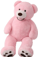 a pink teddy bear with white paws is sitting on a white surface