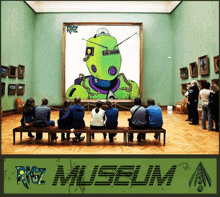 a group of people are sitting on benches in front of a large painting titled rgz museum