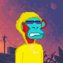 a pixel art of a monkey wearing sunglasses and a yellow hoodie