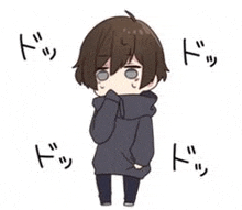 a cartoon of a boy wearing a black hoodie with a hood .