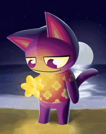 a purple cat is holding a yellow star on a beach