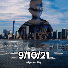 a poster for 9/11 judgement day shows a city skyline and a body of water