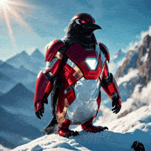 a penguin in a red iron man suit is standing on a snowy hill