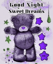 a purple teddy bear with purple stars and the words `` good night sweet dreams '' written on it .