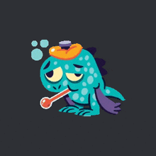 a pixel art illustration of a sick monster with a thermometer in its mouth .