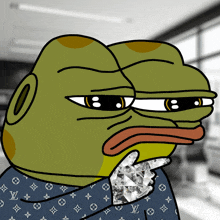 a frog wearing a blue louis vuitton shirt holds a diamond in his hand